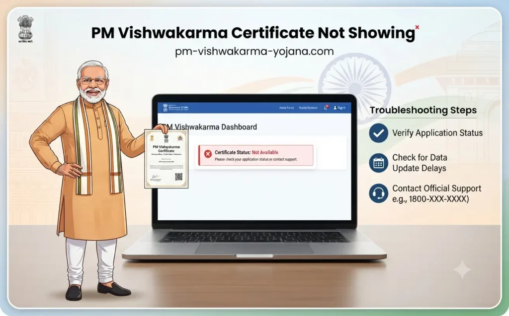 PM Vishwakarma Certificate Not Showing
PM Vishwakarma Certificate pending problem
Vishwakarma certificate show nahi ho raha kya karein