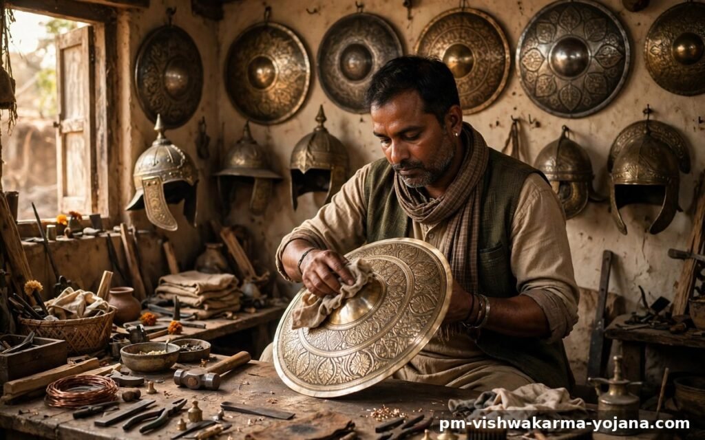 Armourer polishing a traditional shield under PM Vishwakarma Yojana
