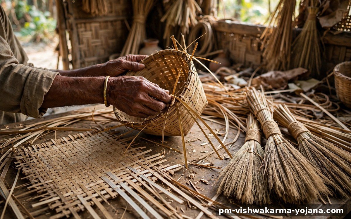 Basket weaver making baskets by hand under PM Vishwakarma Yojana