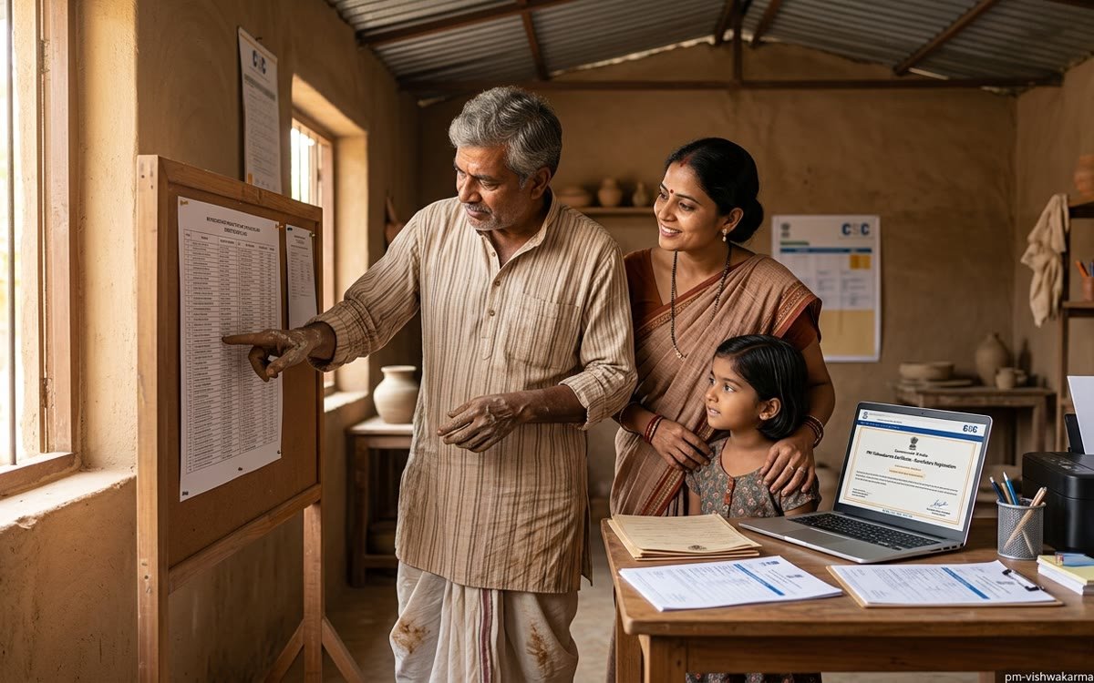 कारीगर परिवार CSC केंद्र पर beneficiary list में नाम जांचते हुए