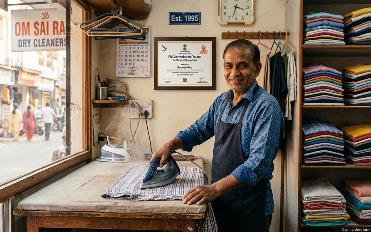 Dhobi artisan using modern laundry equipment under PM Vishwakarma Yojana