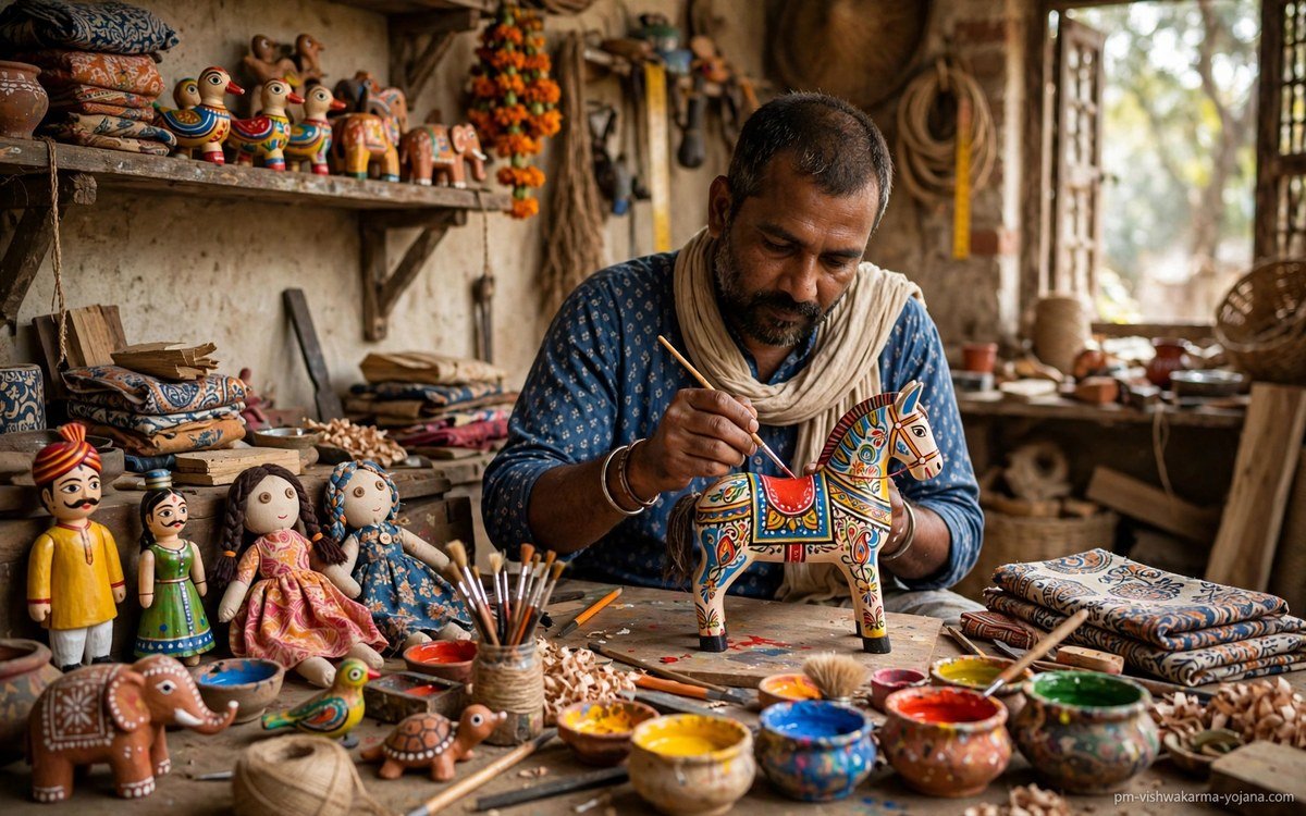 Traditional toy maker painting wooden toys under PM Vishwakarma Yojana