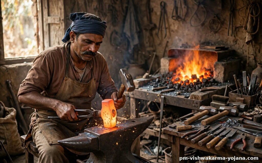 Tool maker shaping a hammer under PM Vishwakarma Yojana