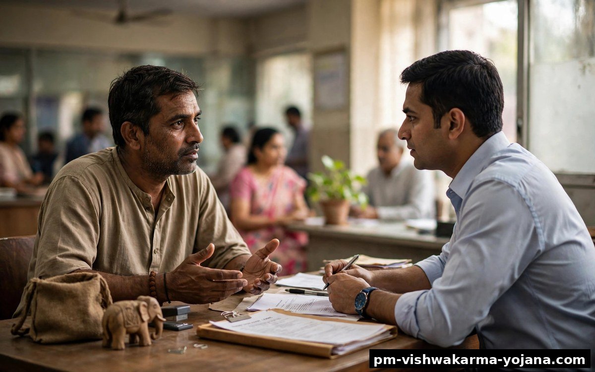 Artisan discussing a rejected loan application at the bank under PM Vishwakarma Yojana