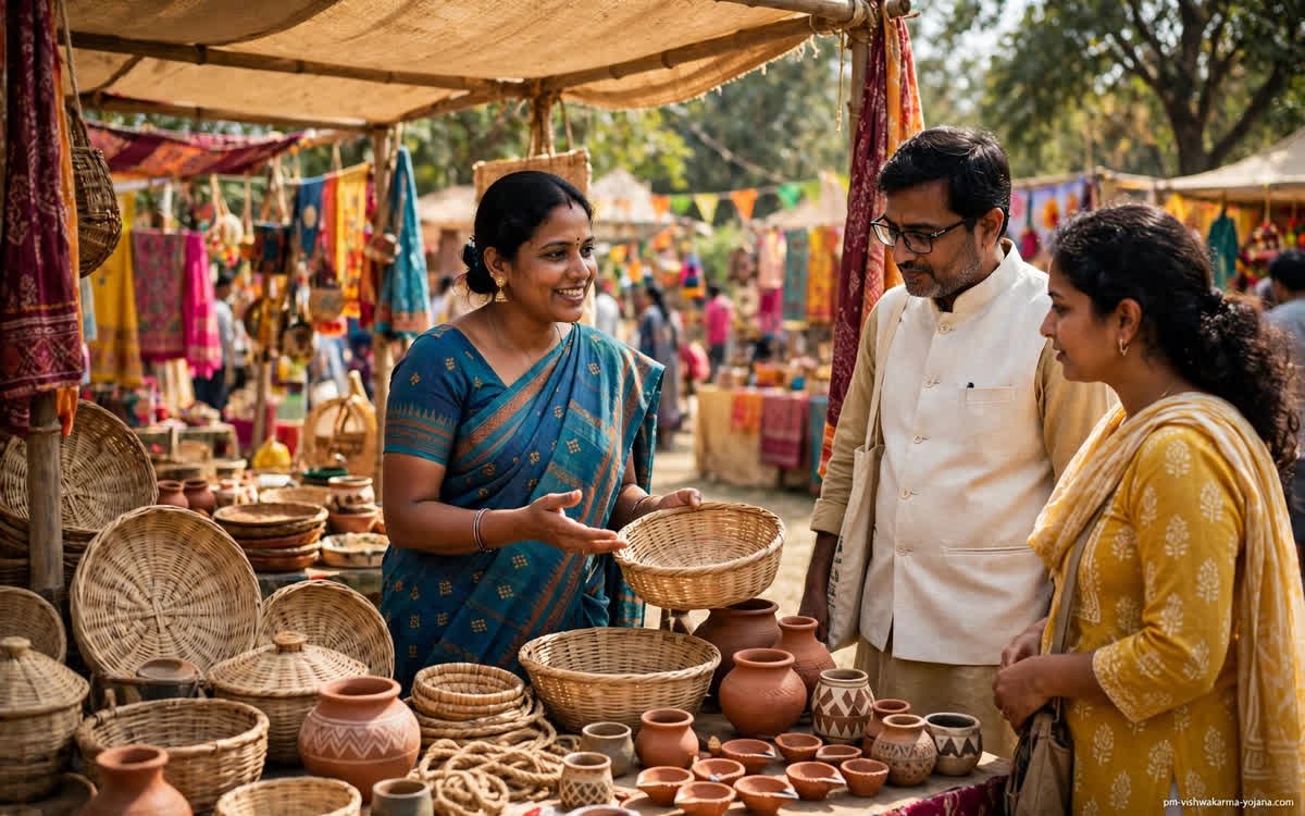 Artisan selling products at exhibition under PM Vishwakarma Yojana