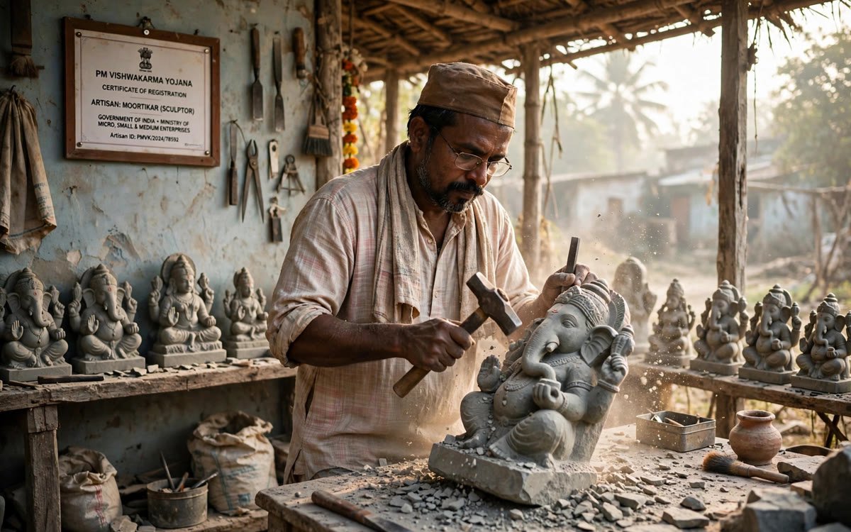 PM Vishwakarma Moortikar sculptor carving a stone statue in his workshop