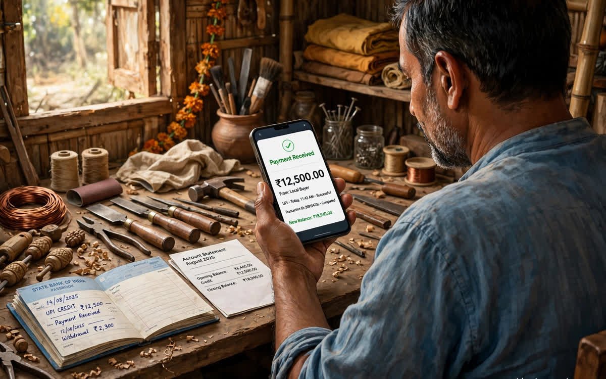 Artisan checking PM Vishwakarma Yojana payment status on his phone
