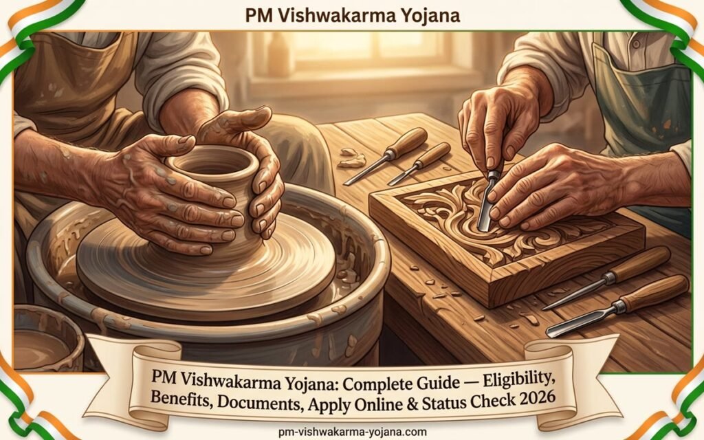 PM Vishwakarma Yojana: Complete Guide 2026 — potter shaping clay and artisan woodcarving
