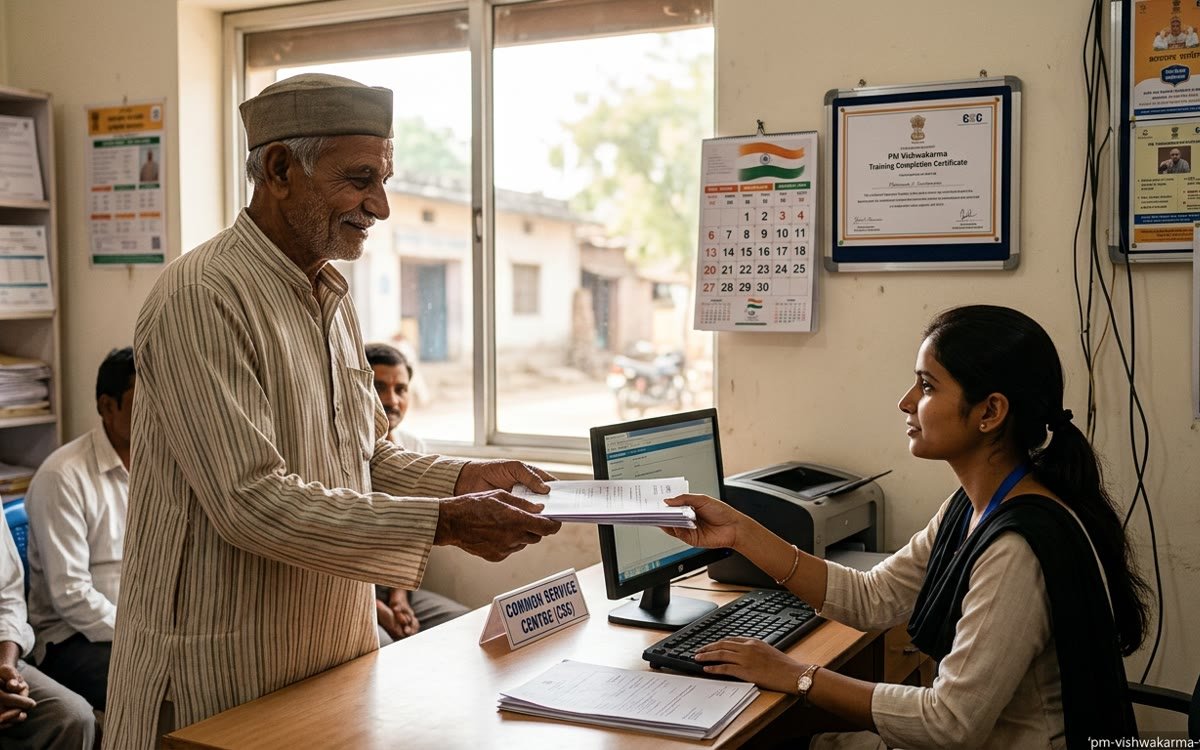 Artisan submitting PM Vishwakarma application documents at a Common Service Centre (CSC)